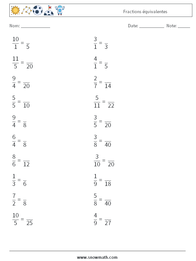 Exercice Fraction 6ème à Imprimer 20) fractions équivalentes Fiches d'Exercices de Mathématiques 1Fiches d' Exercices de Mathématiques, Exercices de Mathématiques pour Enfants.