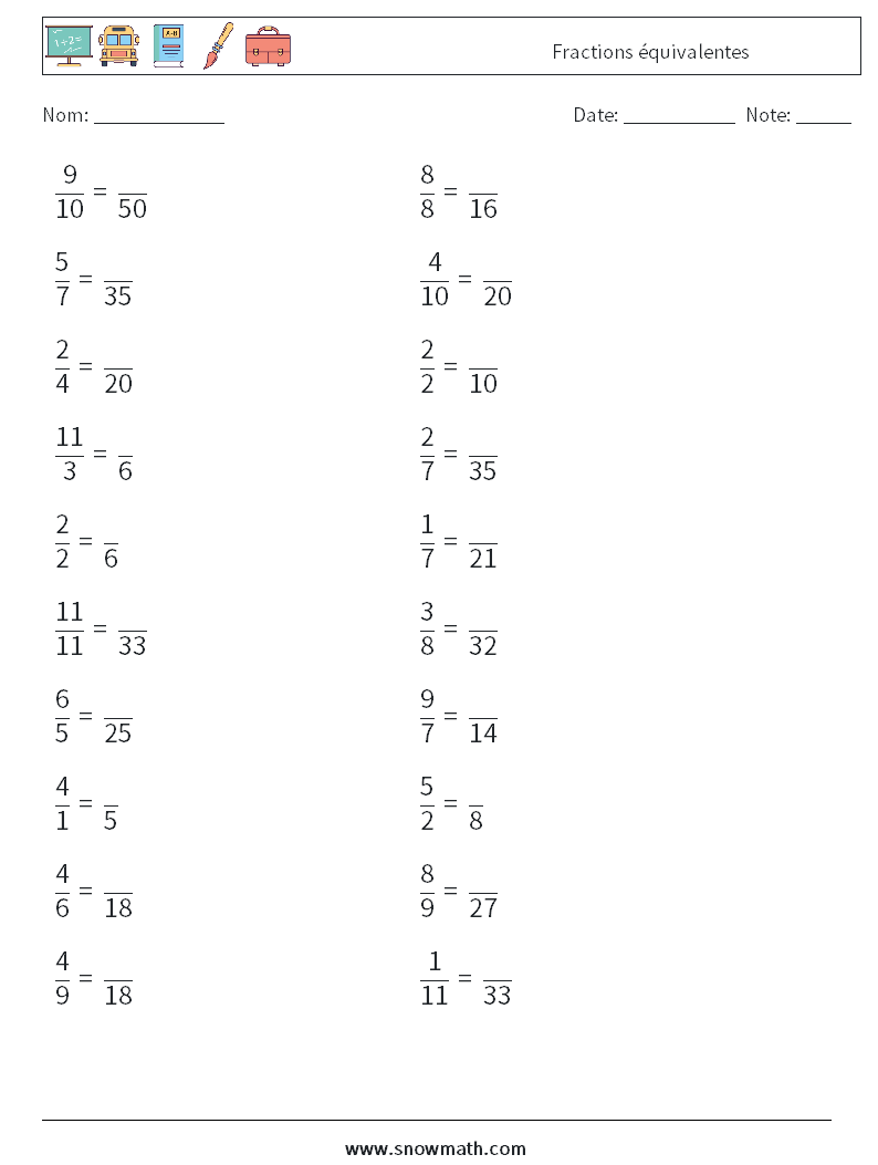 (20) Fractions équivalentes Fiches d'Exercices de Mathématiques 3