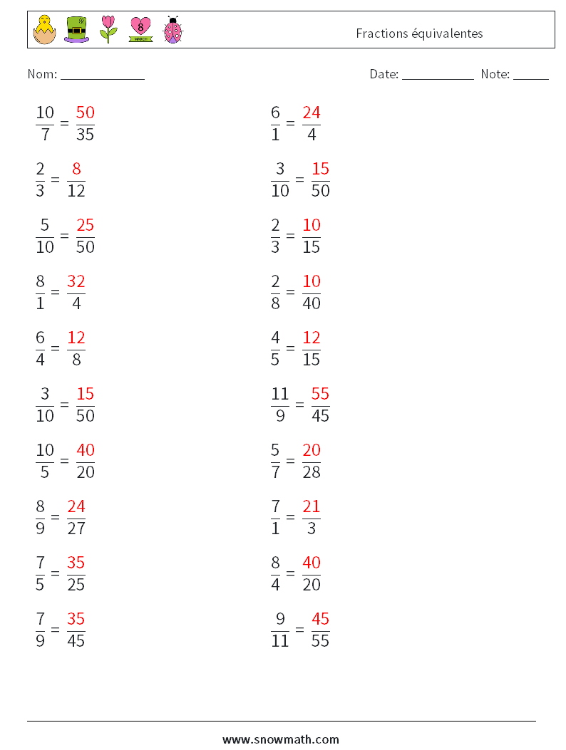 (20) Fractions équivalentes Fiches d'Exercices de Mathématiques 7 Question, Réponse