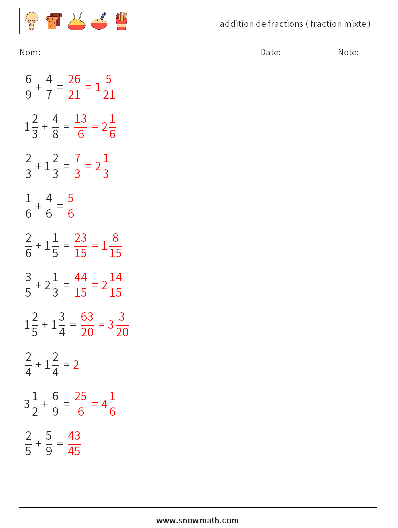 (10) addition de fractions ( fraction mixte ) Fiches d'Exercices de Mathématiques 10 Question, Réponse