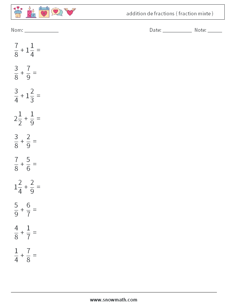 (10) addition de fractions ( fraction mixte ) Fiches d'Exercices de Mathématiques 11