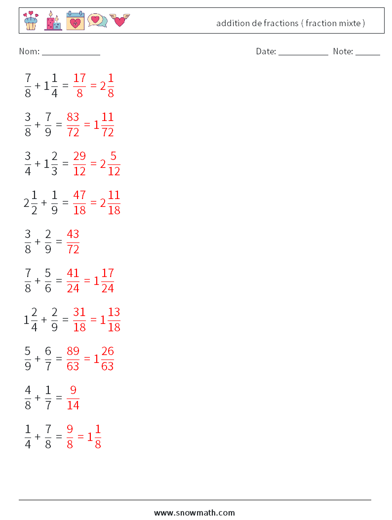 (10) addition de fractions ( fraction mixte ) Fiches d'Exercices de Mathématiques 11 Question, Réponse