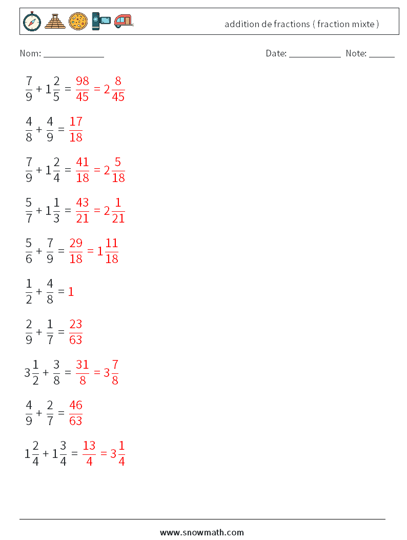 (10) addition de fractions ( fraction mixte ) Fiches d'Exercices de Mathématiques 12 Question, Réponse