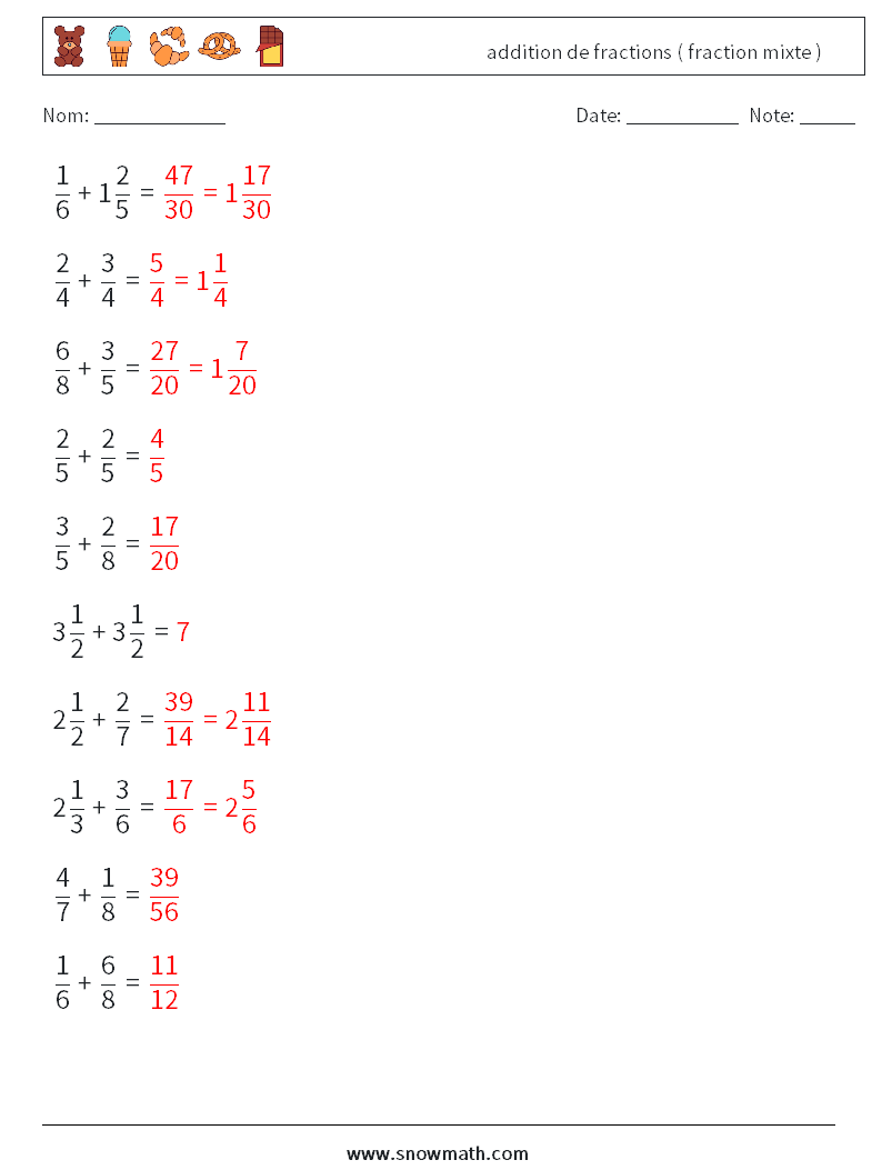 (10) addition de fractions ( fraction mixte ) Fiches d'Exercices de Mathématiques 13 Question, Réponse