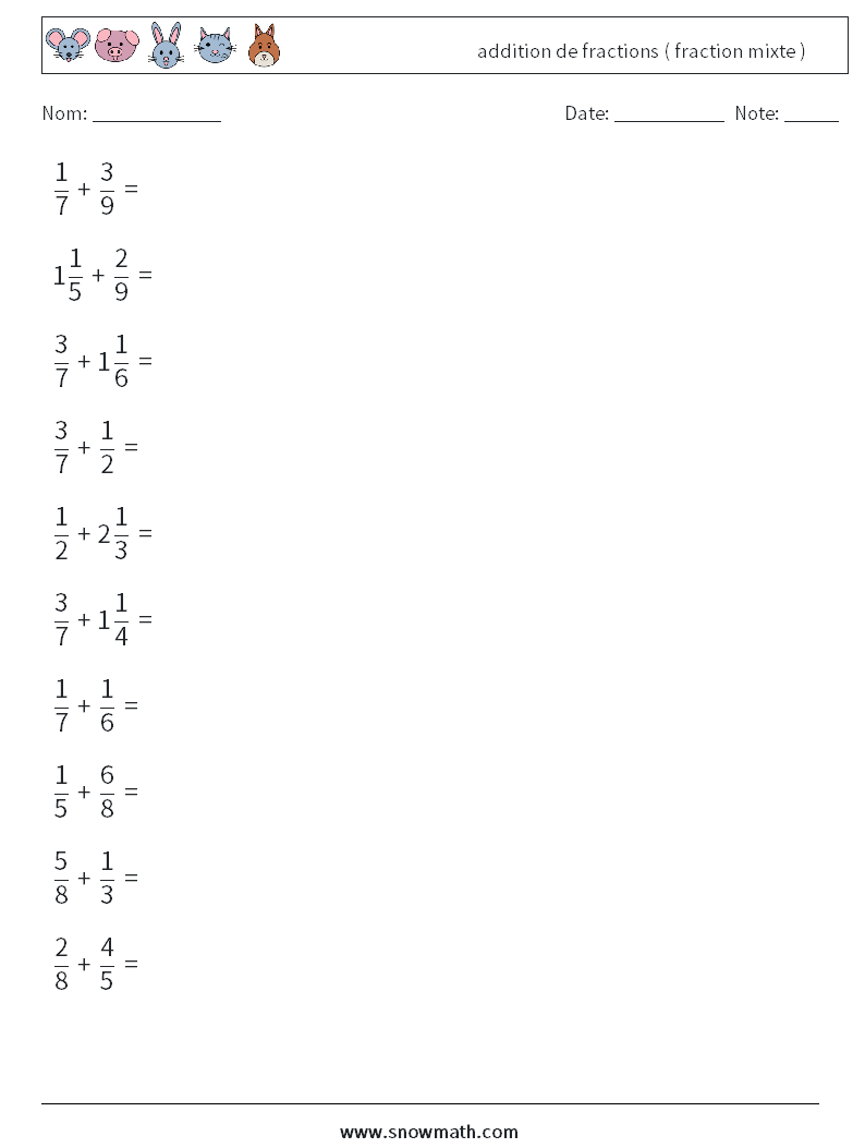 (10) addition de fractions ( fraction mixte ) Fiches d'Exercices de Mathématiques 14