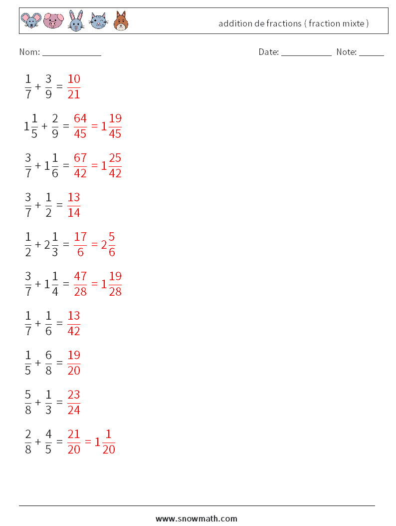 (10) addition de fractions ( fraction mixte ) Fiches d'Exercices de Mathématiques 14 Question, Réponse