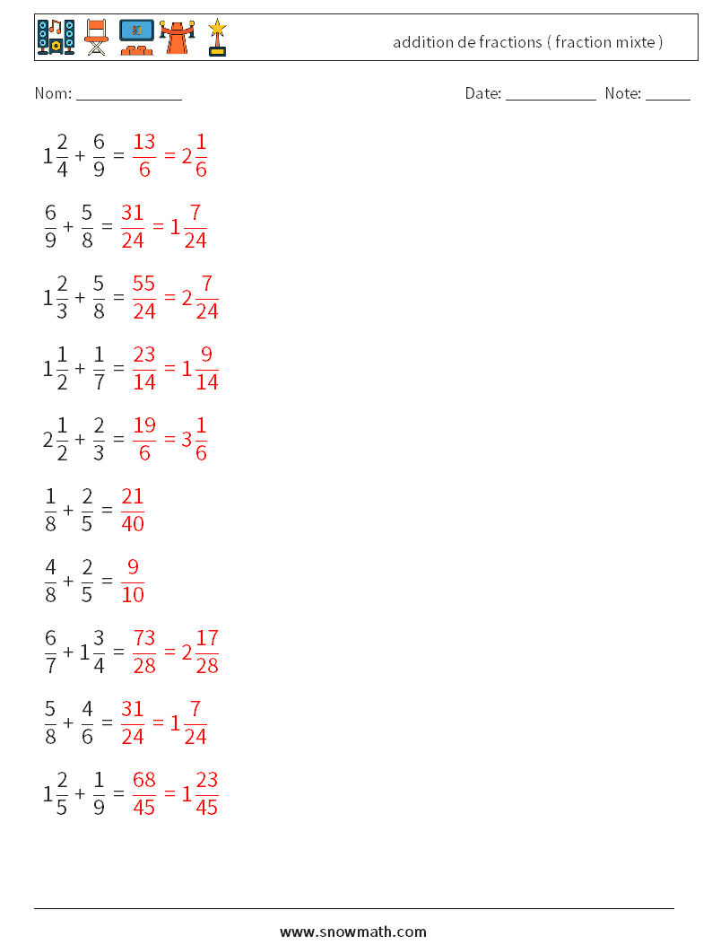 (10) addition de fractions ( fraction mixte ) Fiches d'Exercices de Mathématiques 15 Question, Réponse