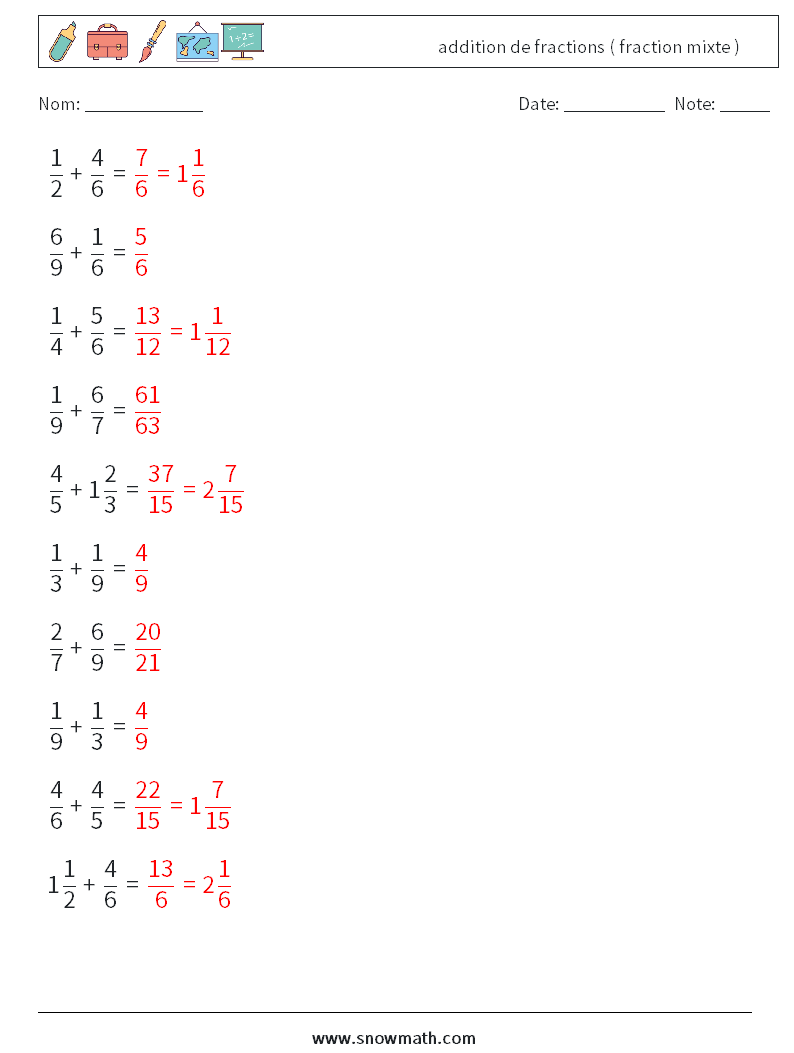 (10) addition de fractions ( fraction mixte ) Fiches d'Exercices de Mathématiques 16 Question, Réponse