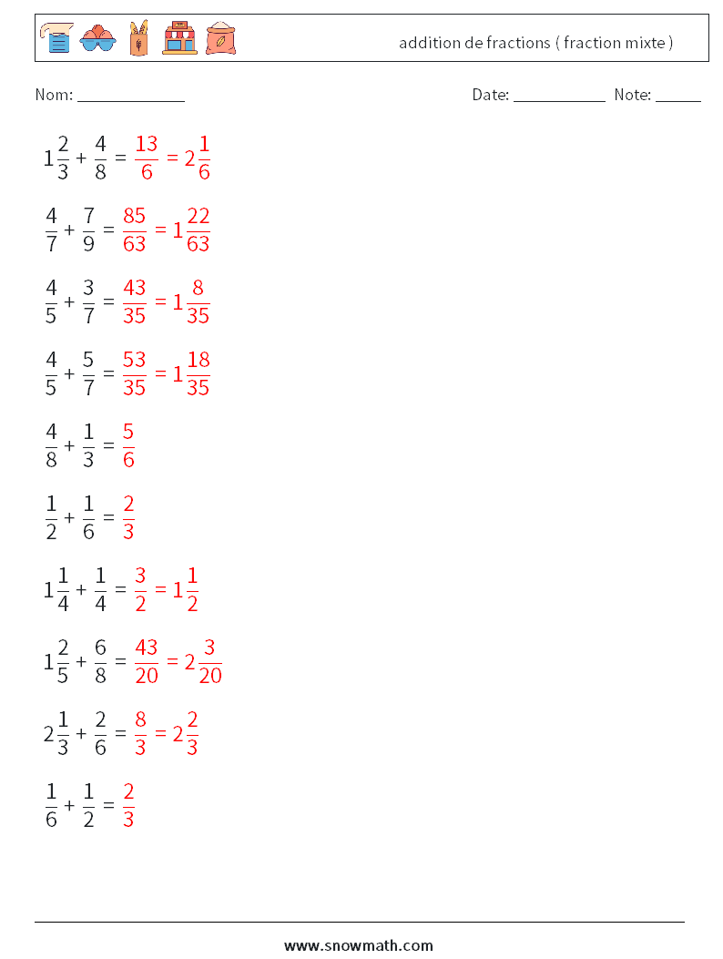 (10) addition de fractions ( fraction mixte ) Fiches d'Exercices de Mathématiques 17 Question, Réponse