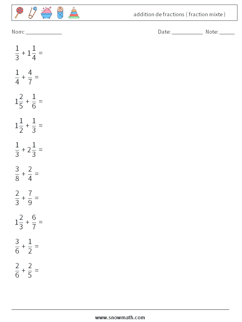 (10) addition de fractions ( fraction mixte ) Fiches d'Exercices de Mathématiques 18