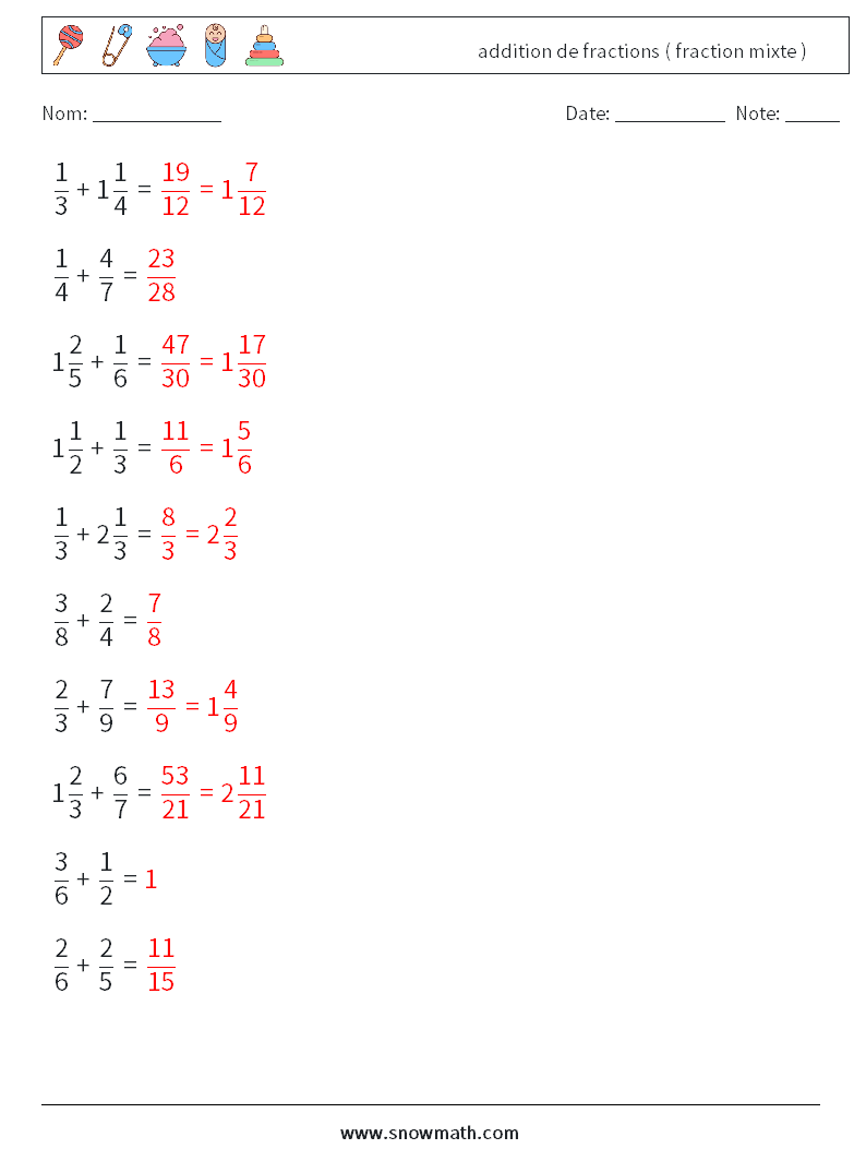 (10) addition de fractions ( fraction mixte ) Fiches d'Exercices de Mathématiques 18 Question, Réponse