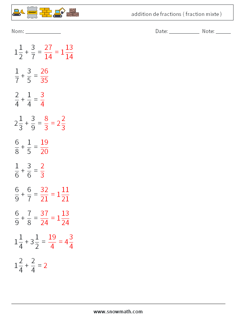 (10) addition de fractions ( fraction mixte ) Fiches d'Exercices de Mathématiques 1 Question, Réponse