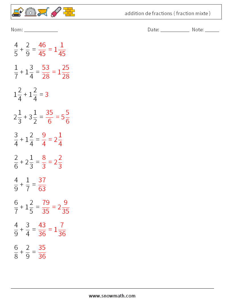 (10) addition de fractions ( fraction mixte ) Fiches d'Exercices de Mathématiques 2 Question, Réponse