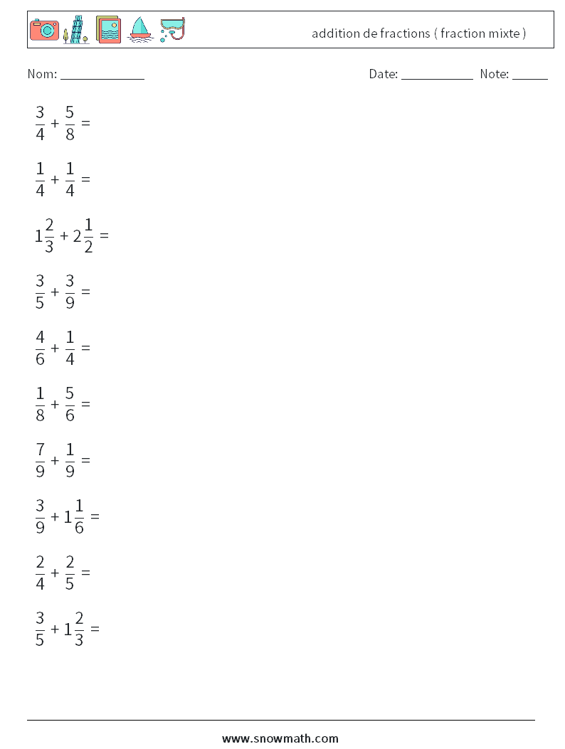 (10) addition de fractions ( fraction mixte ) Fiches d'Exercices de Mathématiques 3