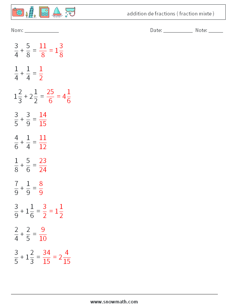 (10) addition de fractions ( fraction mixte ) Fiches d'Exercices de Mathématiques 3 Question, Réponse