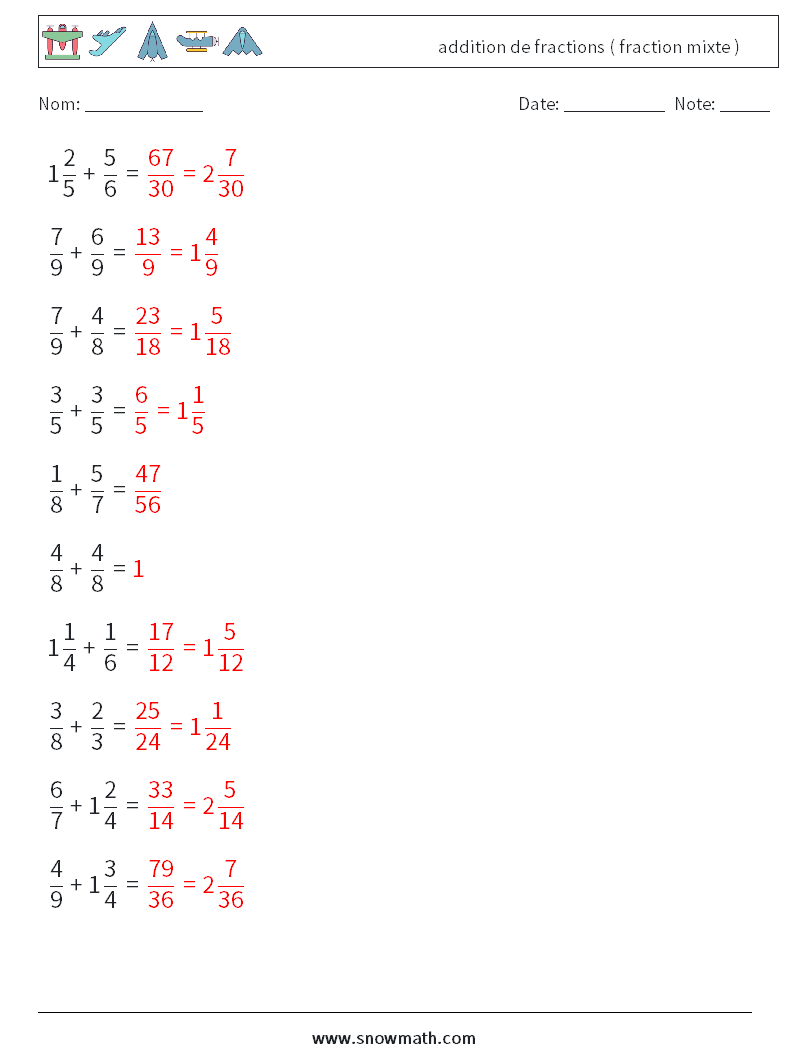 (10) addition de fractions ( fraction mixte ) Fiches d'Exercices de Mathématiques 4 Question, Réponse