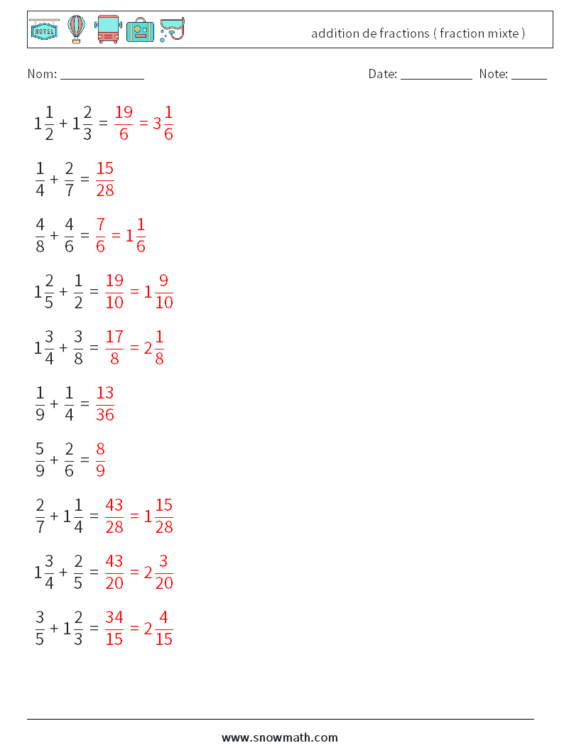 (10) addition de fractions ( fraction mixte ) Fiches d'Exercices de Mathématiques 5 Question, Réponse