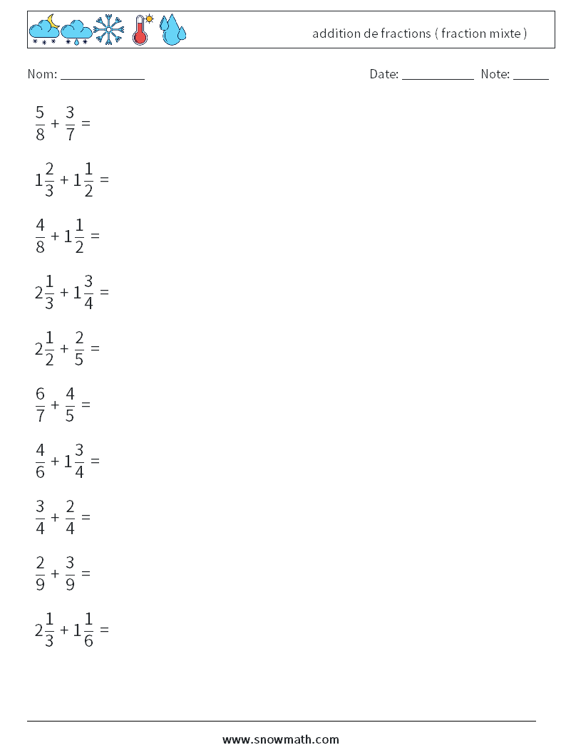 (10) addition de fractions ( fraction mixte ) Fiches d'Exercices de Mathématiques 6