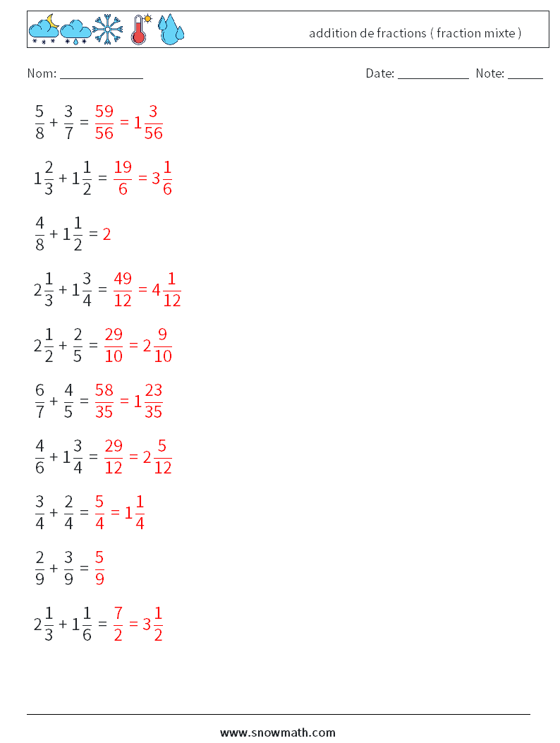 (10) addition de fractions ( fraction mixte ) Fiches d'Exercices de Mathématiques 6 Question, Réponse