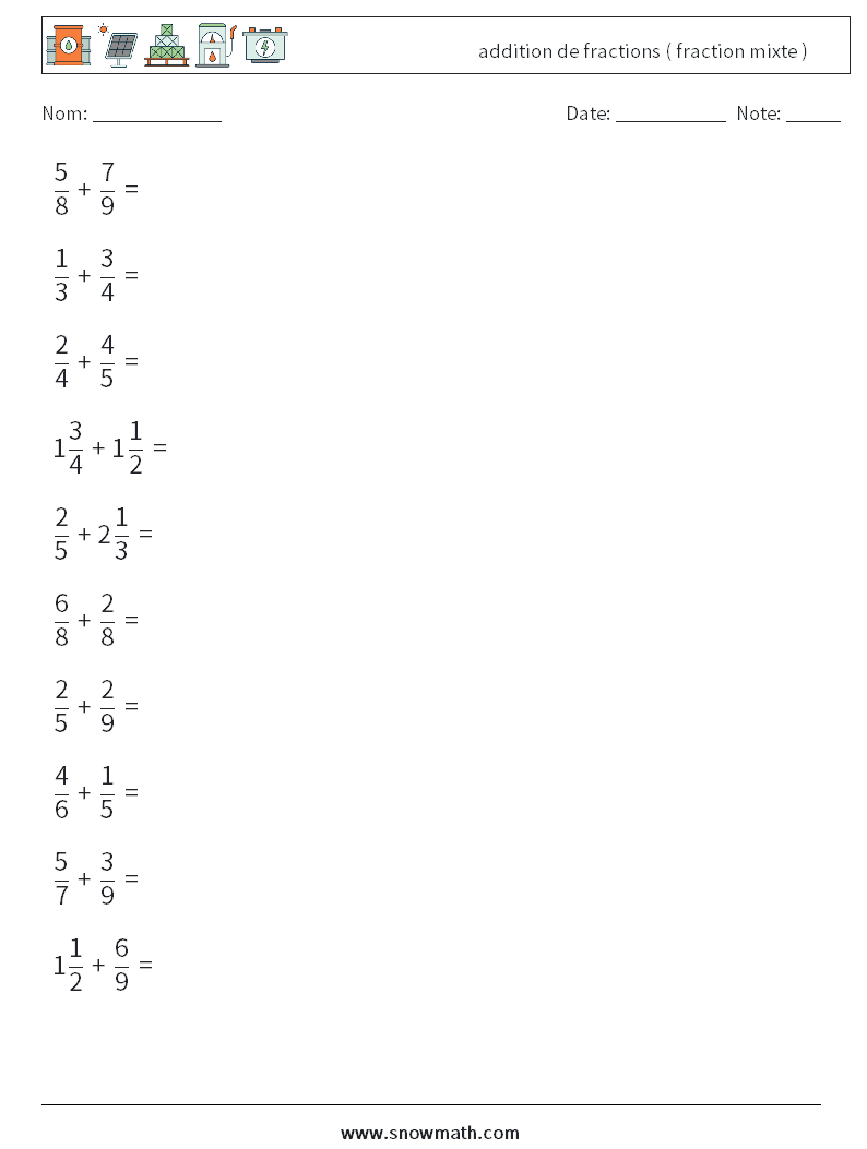 (10) addition de fractions ( fraction mixte ) Fiches d'Exercices de Mathématiques 7