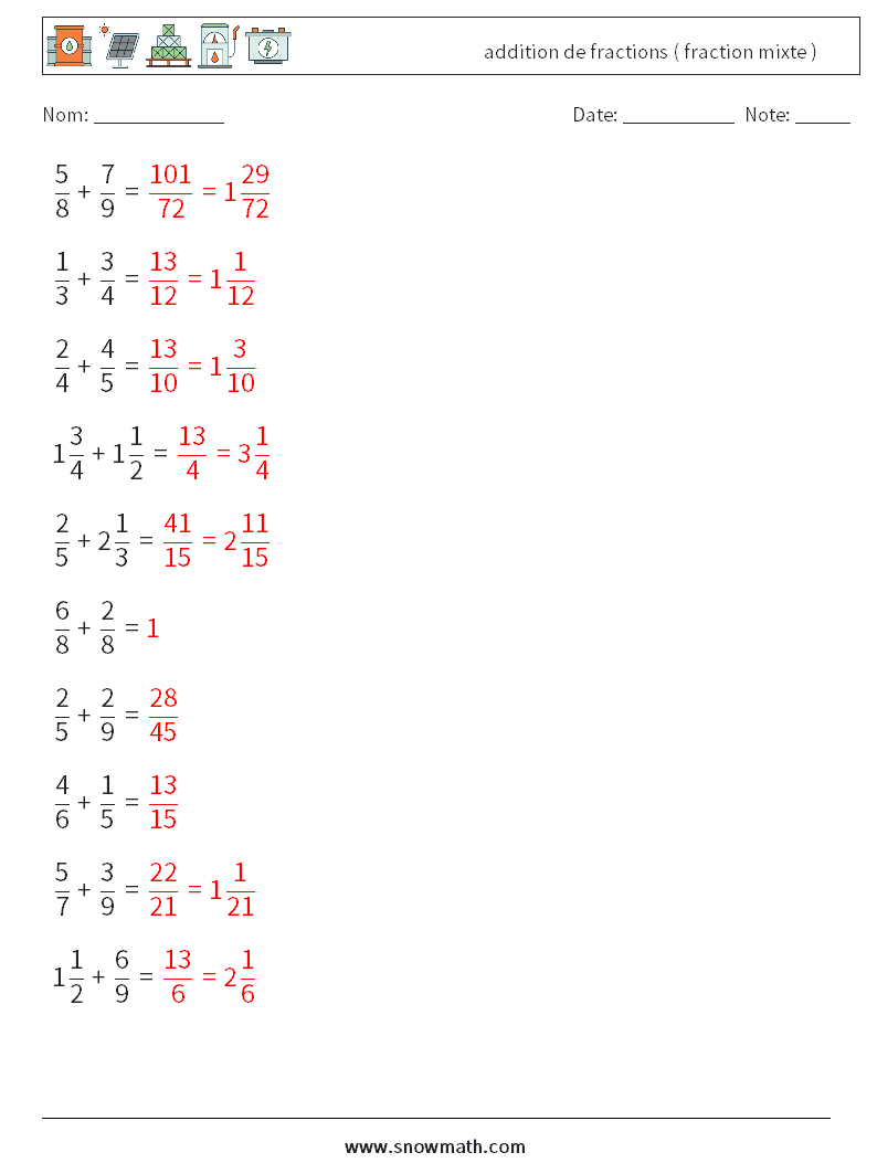 (10) addition de fractions ( fraction mixte ) Fiches d'Exercices de Mathématiques 7 Question, Réponse