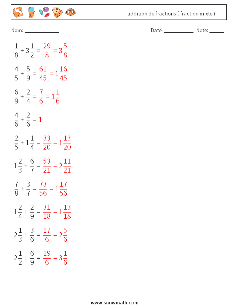 (10) addition de fractions ( fraction mixte ) Fiches d'Exercices de Mathématiques 8 Question, Réponse