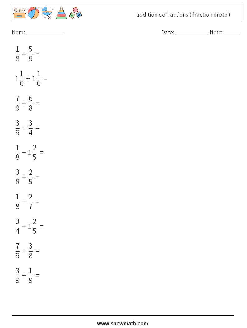 (10) addition de fractions ( fraction mixte ) Fiches d'Exercices de Mathématiques 9