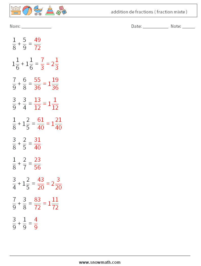 (10) addition de fractions ( fraction mixte ) Fiches d'Exercices de Mathématiques 9 Question, Réponse