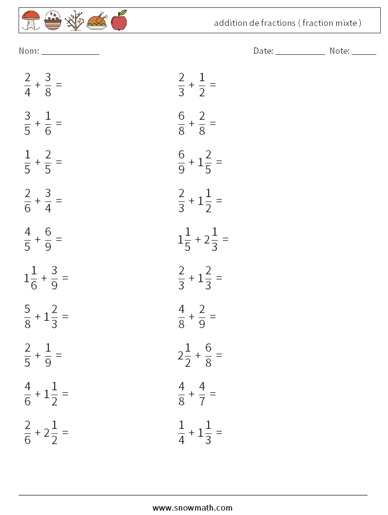 (20) addition de fractions ( fraction mixte ) Fiches d'Exercices de Mathématiques 1