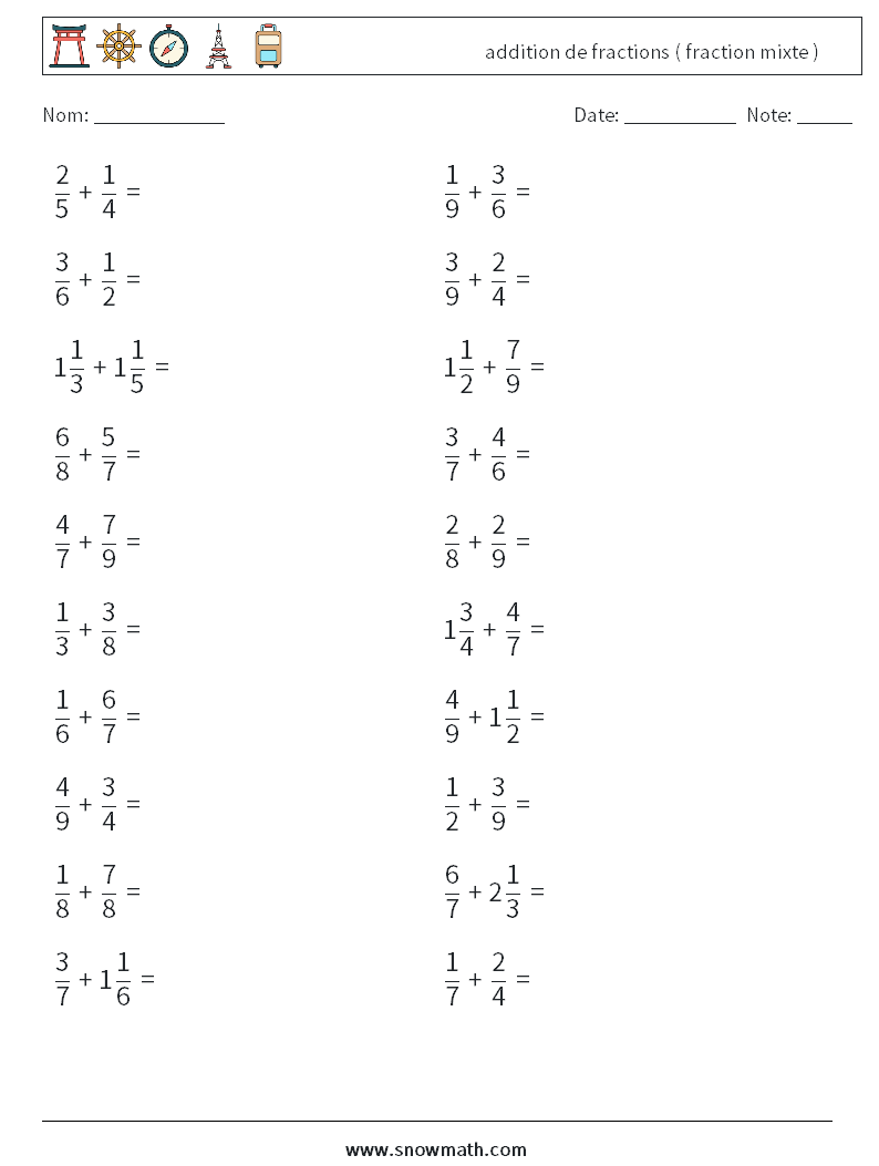 (20) addition de fractions ( fraction mixte ) Fiches d'Exercices de Mathématiques 10