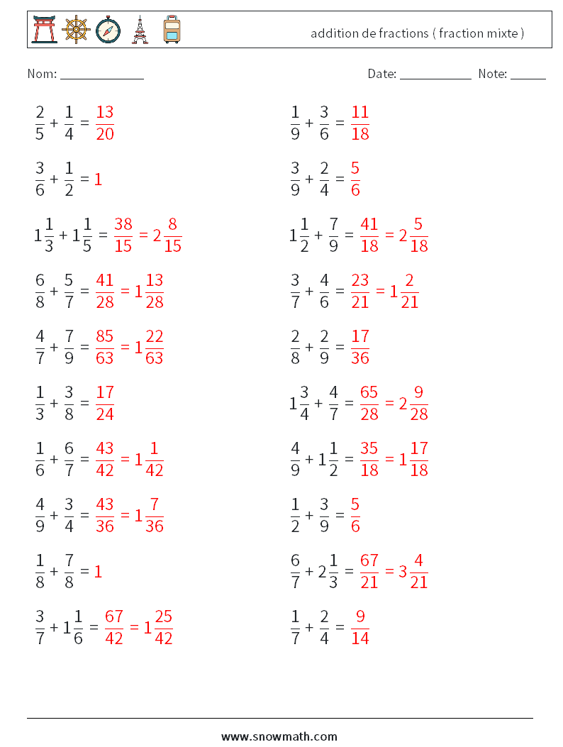 (20) addition de fractions ( fraction mixte ) Fiches d'Exercices de Mathématiques 10 Question, Réponse