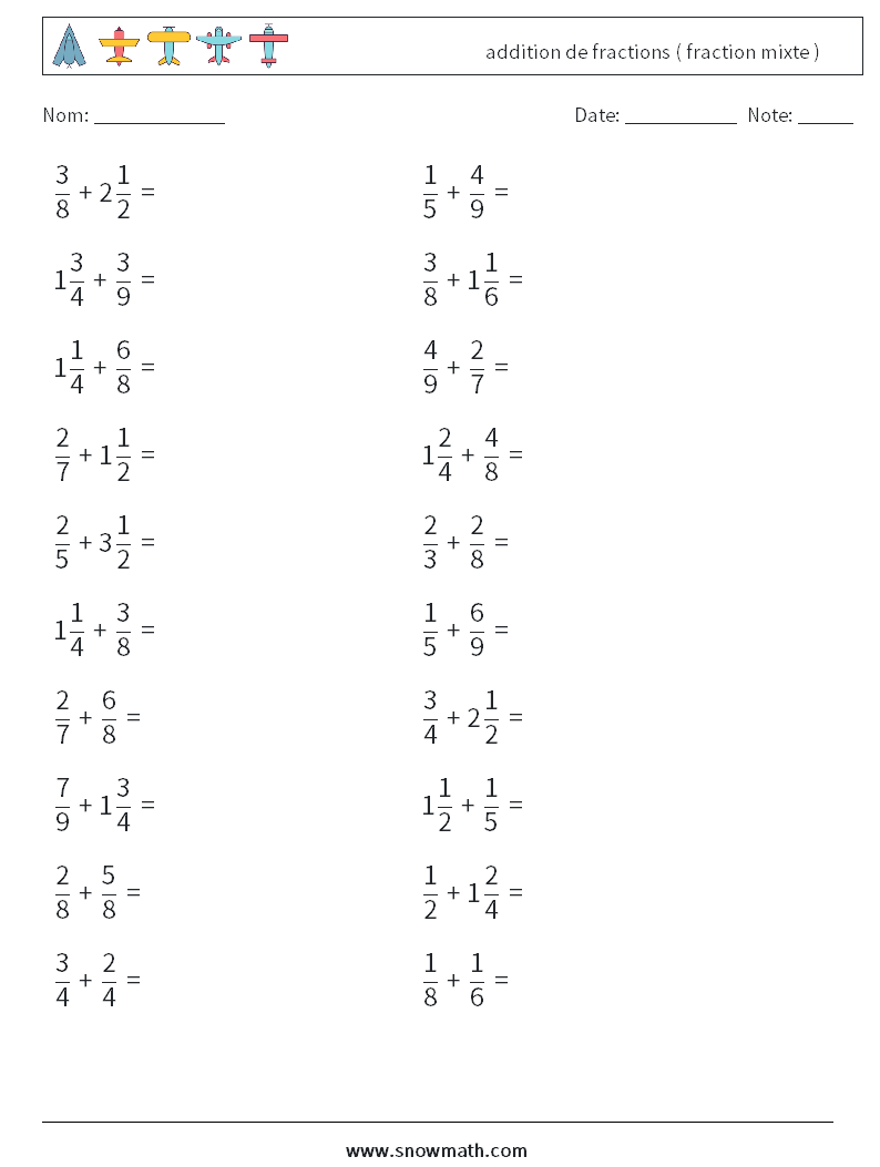 (20) addition de fractions ( fraction mixte ) Fiches d'Exercices de Mathématiques 13