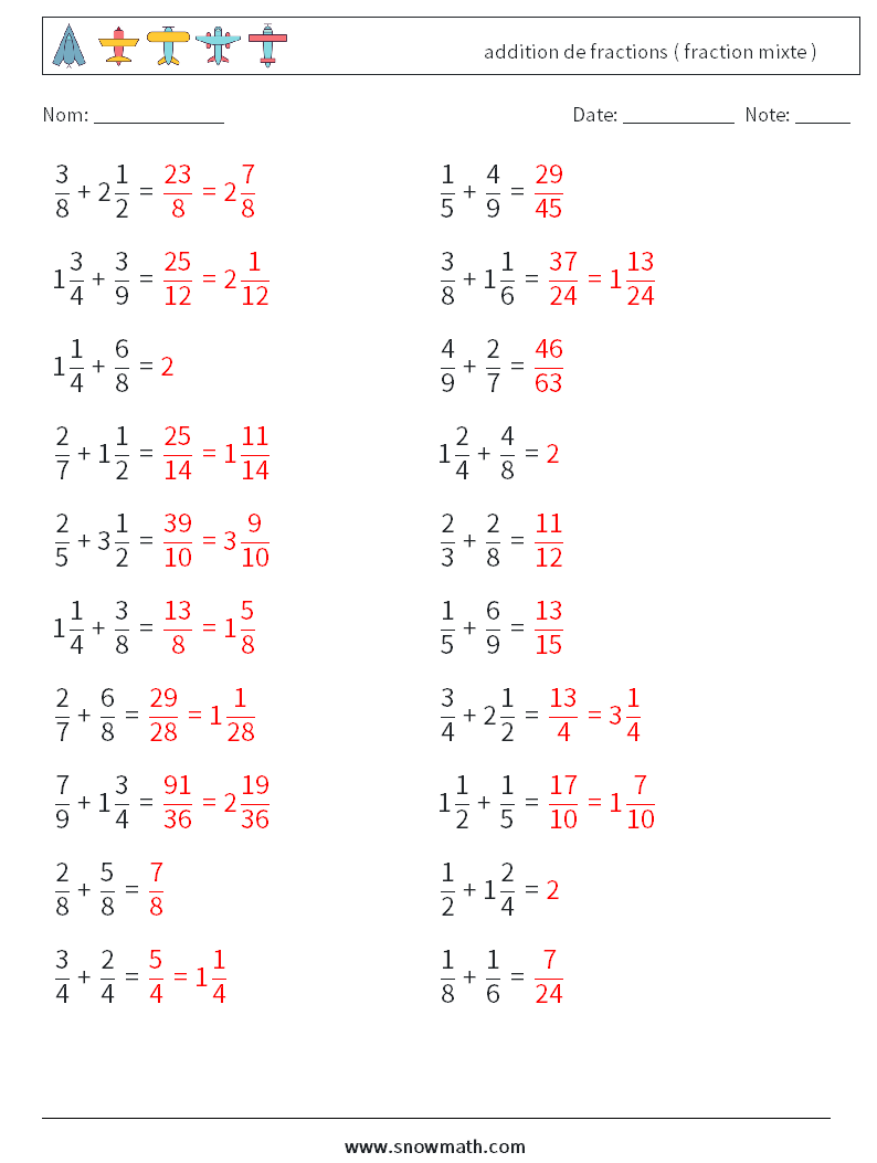 (20) addition de fractions ( fraction mixte ) Fiches d'Exercices de Mathématiques 13 Question, Réponse