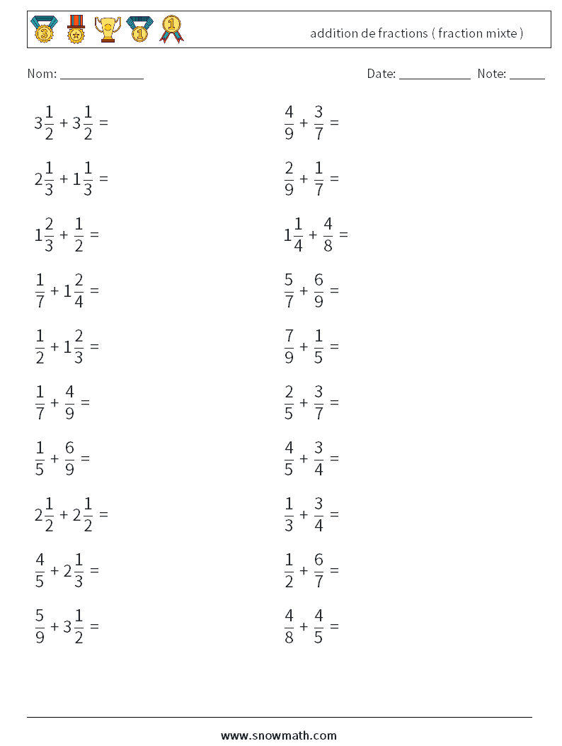 (20) addition de fractions ( fraction mixte ) Fiches d'Exercices de Mathématiques 15