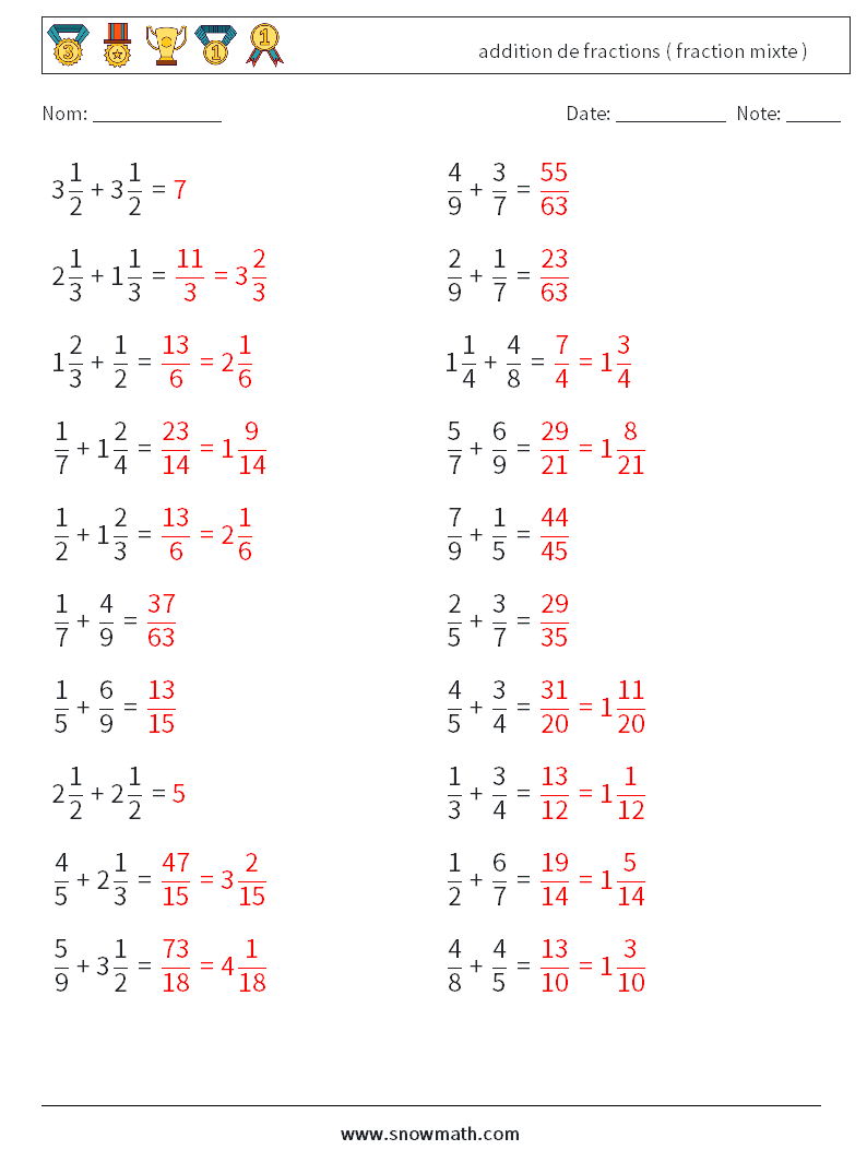 (20) addition de fractions ( fraction mixte ) Fiches d'Exercices de Mathématiques 15 Question, Réponse