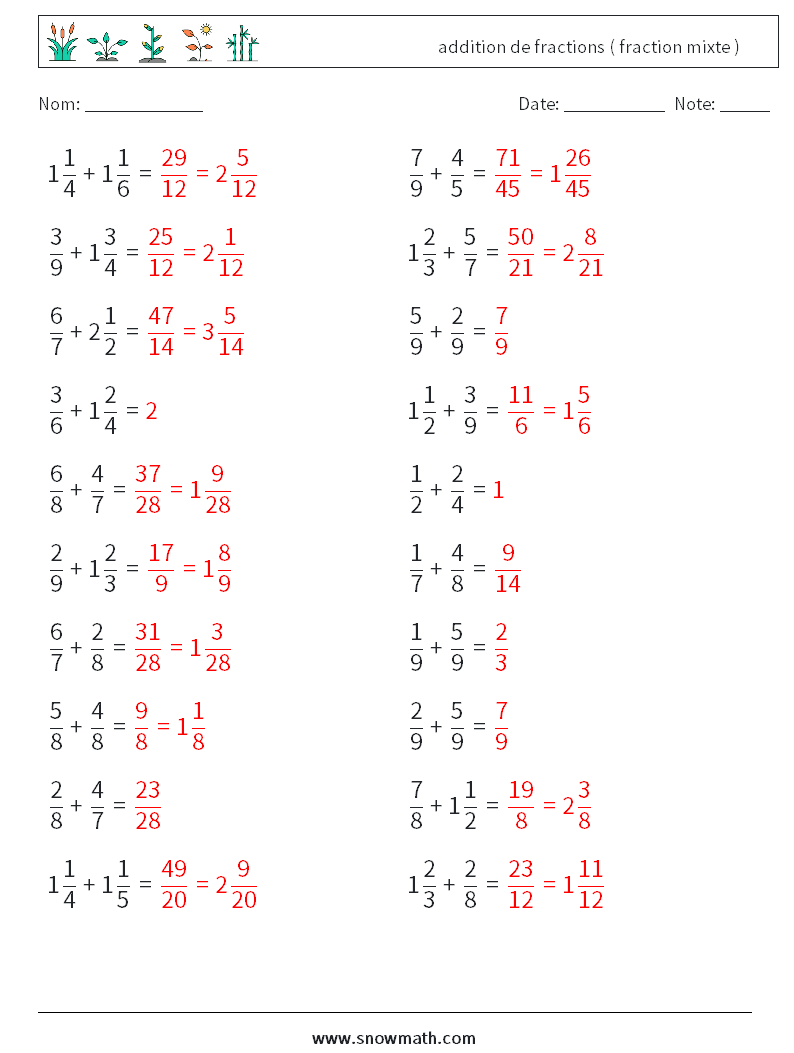 (20) addition de fractions ( fraction mixte ) Fiches d'Exercices de Mathématiques 16 Question, Réponse