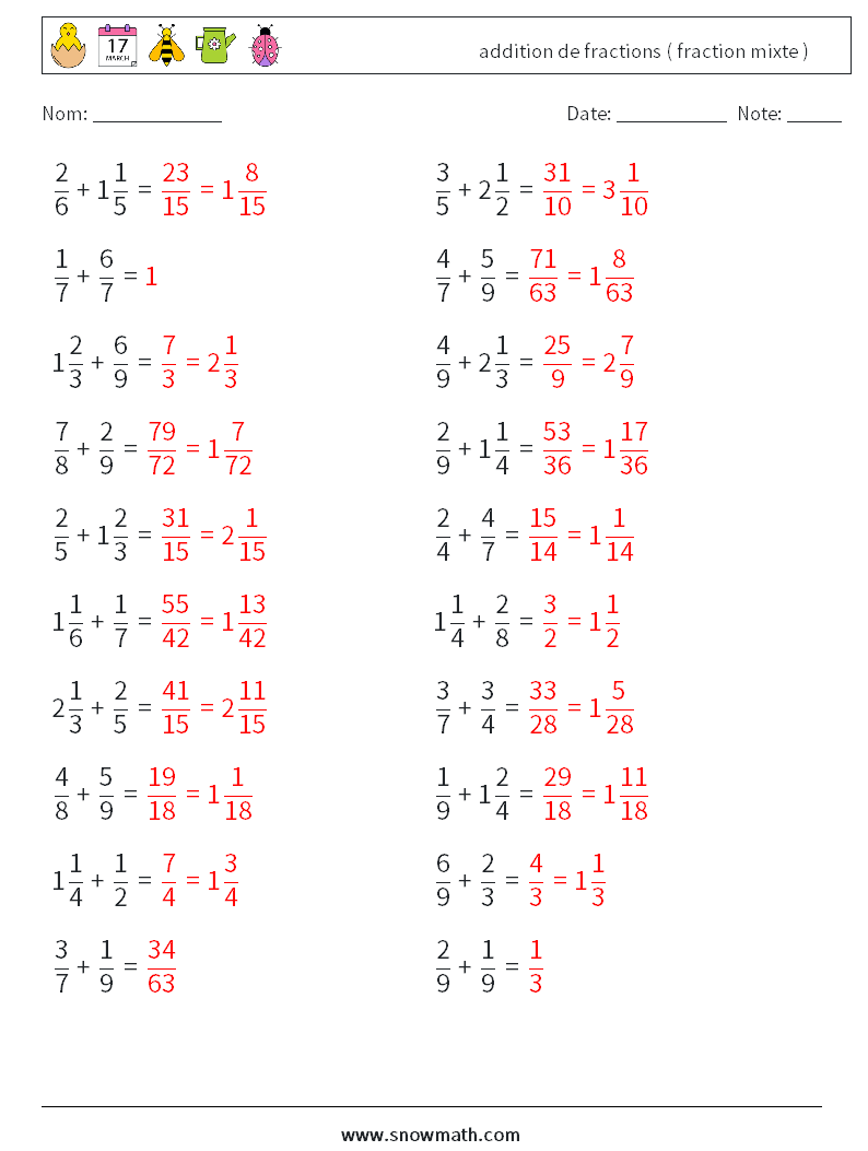 (20) addition de fractions ( fraction mixte ) Fiches d'Exercices de Mathématiques 17 Question, Réponse