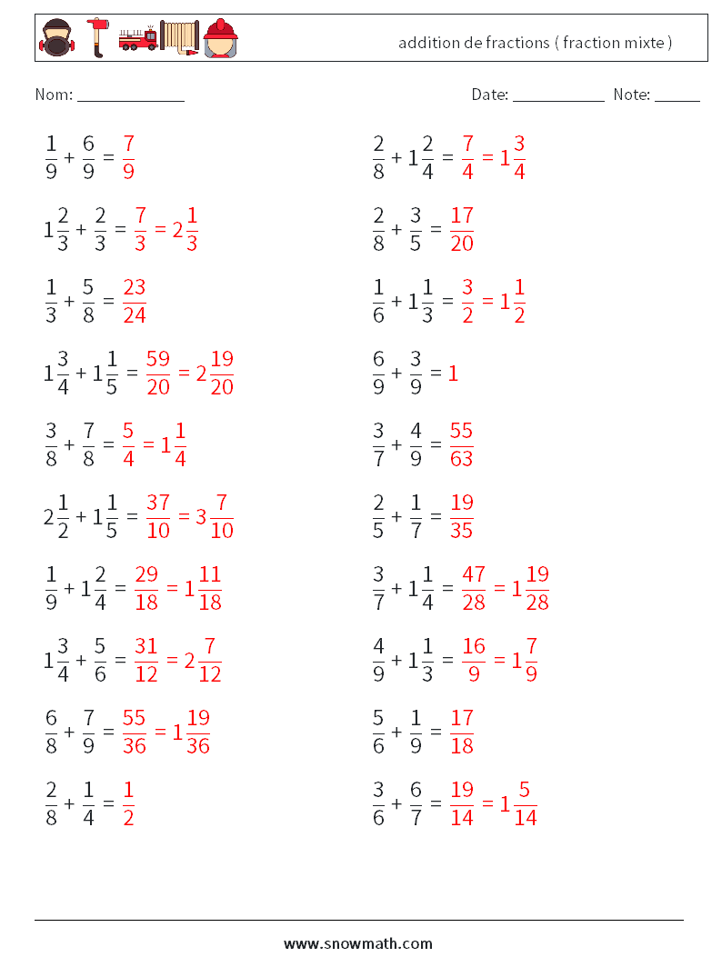 (20) addition de fractions ( fraction mixte ) Fiches d'Exercices de Mathématiques 18 Question, Réponse
