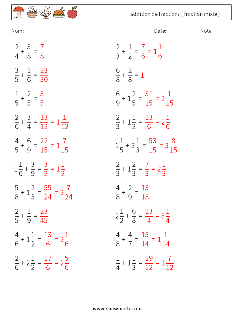 (20) addition de fractions ( fraction mixte ) Fiches d'Exercices de Mathématiques 1 Question, Réponse
