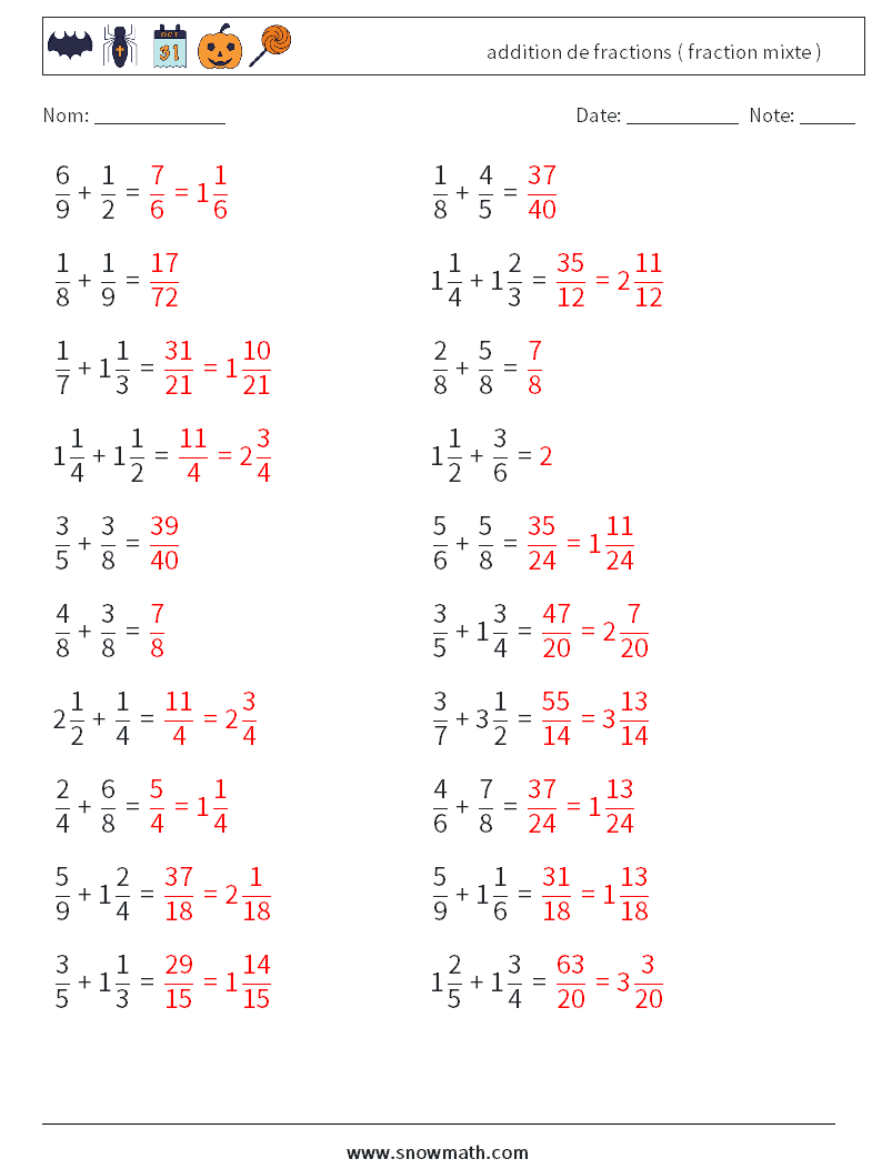 (20) addition de fractions ( fraction mixte ) Fiches d'Exercices de Mathématiques 3 Question, Réponse