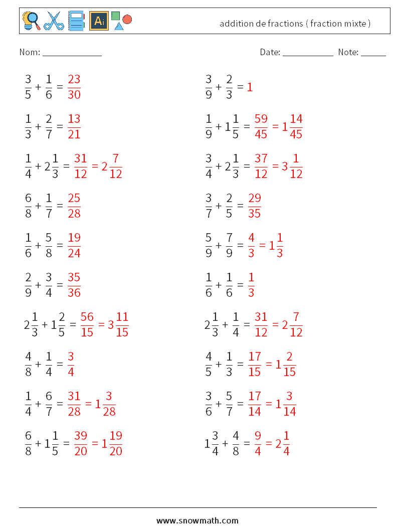 (20) addition de fractions ( fraction mixte ) Fiches d'Exercices de Mathématiques 6 Question, Réponse