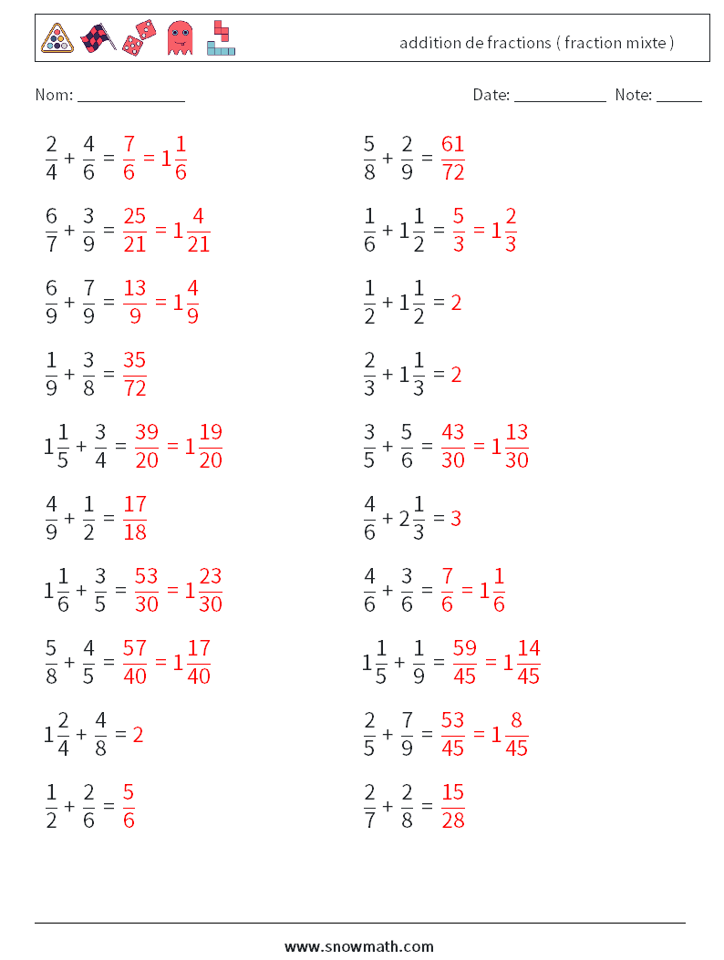 (20) addition de fractions ( fraction mixte ) Fiches d'Exercices de Mathématiques 7 Question, Réponse