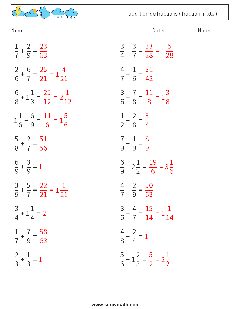 (20) addition de fractions ( fraction mixte ) Fiches d'Exercices de Mathématiques 8 Question, Réponse