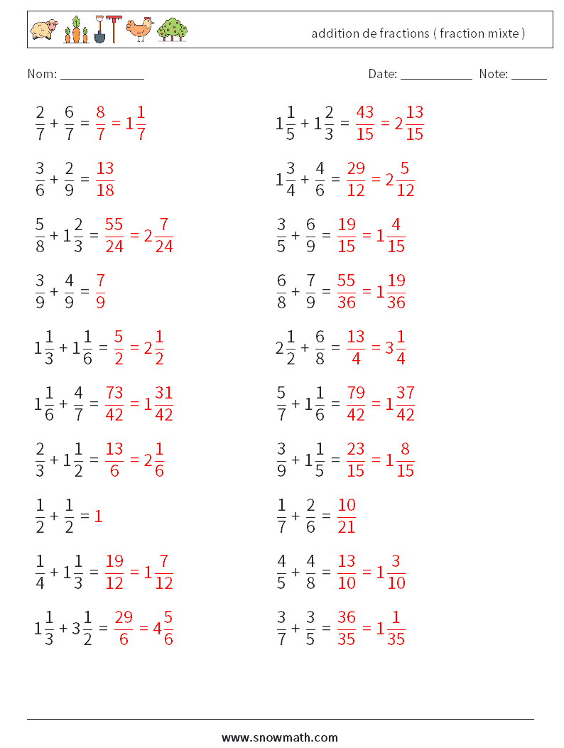 (20) addition de fractions ( fraction mixte ) Fiches d'Exercices de Mathématiques 9 Question, Réponse