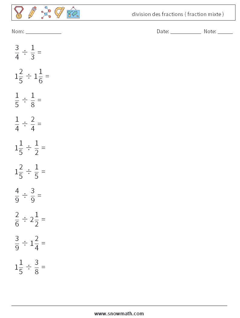 (10) division des fractions ( fraction mixte ) Fiches d'Exercices de Mathématiques 1