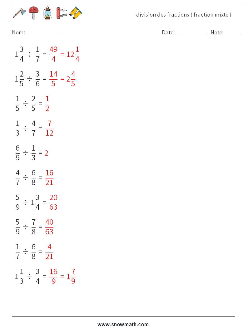 (10) division des fractions ( fraction mixte ) Fiches d'Exercices de Mathématiques 10 Question, Réponse