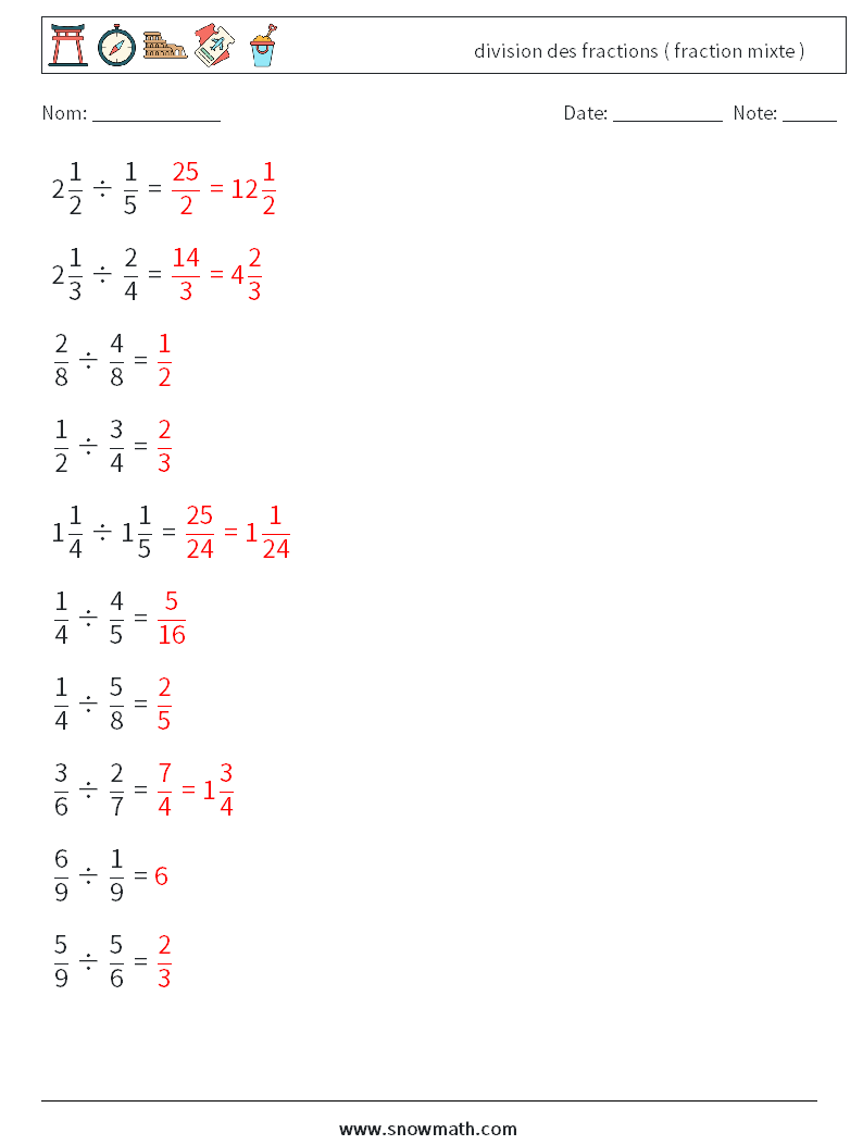 (10) division des fractions ( fraction mixte ) Fiches d'Exercices de Mathématiques 11 Question, Réponse