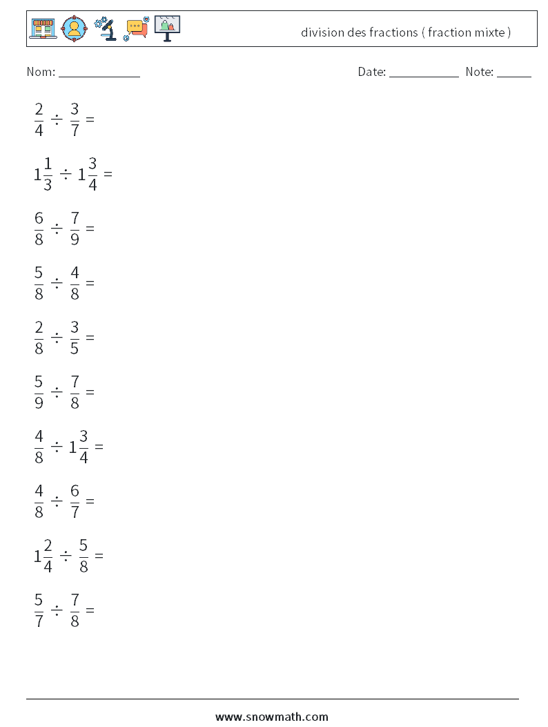 (10) division des fractions ( fraction mixte ) Fiches d'Exercices de Mathématiques 12