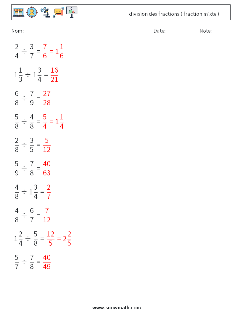 (10) division des fractions ( fraction mixte ) Fiches d'Exercices de Mathématiques 12 Question, Réponse