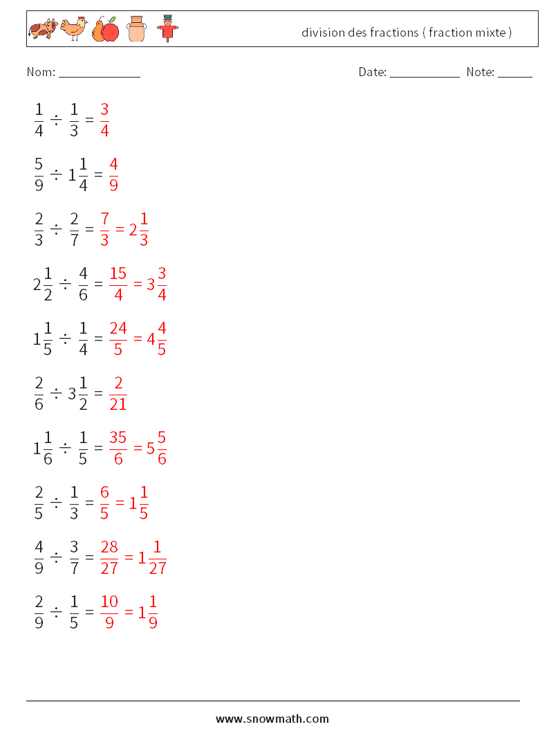 (10) division des fractions ( fraction mixte ) Fiches d'Exercices de Mathématiques 13 Question, Réponse